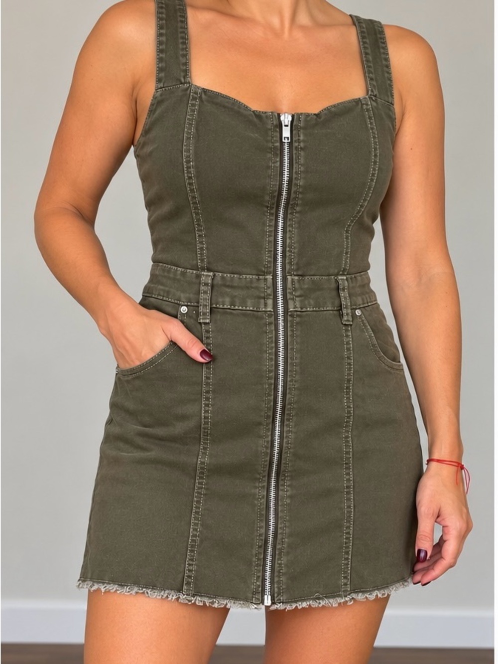 Tinseltown Olive Green Zip-Front Tank Mini Dress